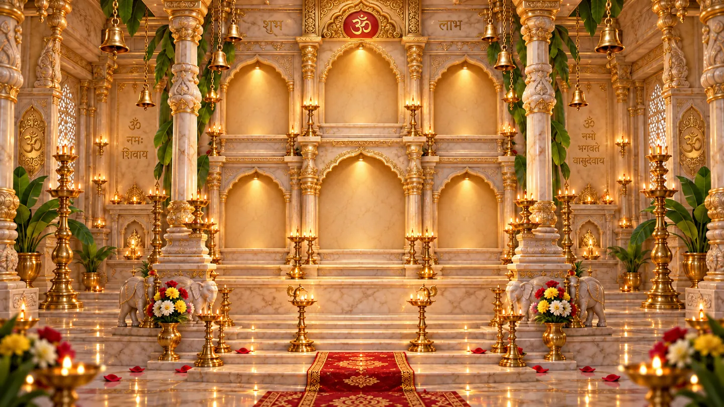 An empty mandir with six shrines and steps for puja offerings
